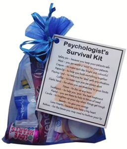 Psychologist's Survival Kit in organza bag with laminated label explaining each item's meaning