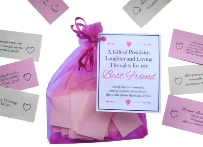 Handmade best friend quote gift bag with 31 days of positive and funny quotes in an organza bag with laminated label
