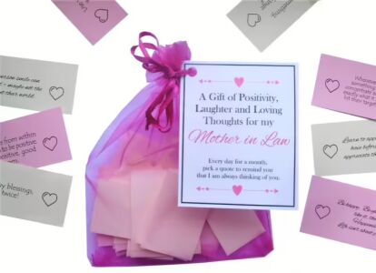 Handmade Mother in Law gift bag containing 31 daily inspirational quotes of positivity, laughter and loving thoughts with laminated label