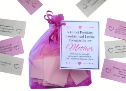 Handmade mother gift with 31 daily inspiration quotes in an organza bag with laminated label, letterbox friendly packaging
