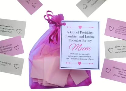 Handmade Mum gift with 31 inspirational and positive quotes, hand-folded in an organza bag, letterbox friendly delivery
