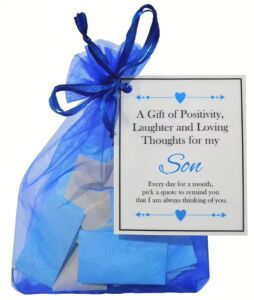 Handmade son gift featuring 31 daily inspirational and positive quotes in hand-folded coloured paper, presented in an organza bag with personalised label