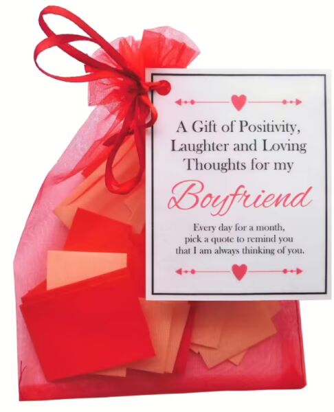 Handmade boyfriend gift with 31 daily inspirational and funny quotes in an organza bag with laminated label