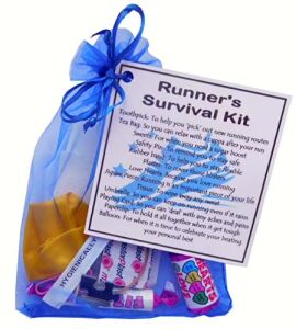 Runner's Survival Kit in green organza bag with laminated label showing each item's humorous meaning for runners