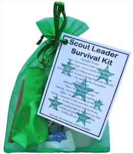 Scout Leader Survival Kit Gift in organza bag with laminated label explaining the meaning of each item inside