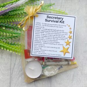 Secretary survival kit gift in organza bag with laminated label for new job, PA, and secret santa office gifts