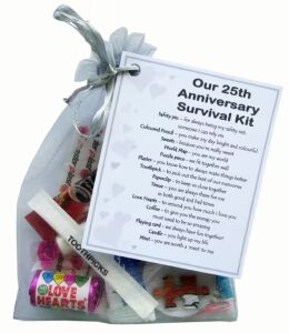 Silver 25th Anniversary Survival Kit Gift in organza bag with laminated label for celebrating 25 years of marriage