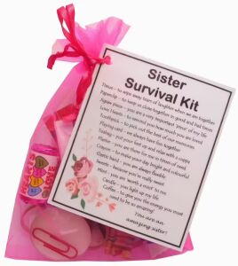 Sister Survival Kit in pink organza bag with laminated label celebrating sisterhood