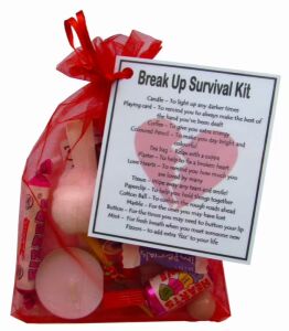 Break-Up Survival Kit Gift in red organza bag with laminated label - novelty gift for break-ups and divorce