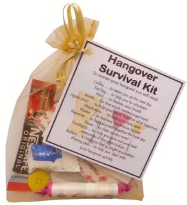 Golden yellow organza bag containing a novelty hangover survival kit with laminated label explaining each item inside