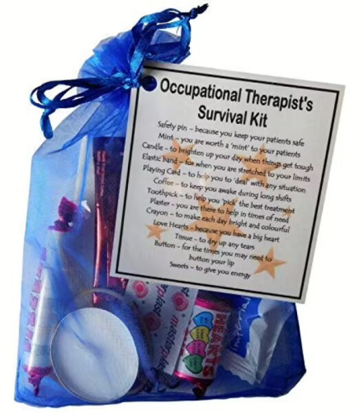 Hand-made occupational therapist's survival kit in organza bag with laminated label explaining each symbolic item
