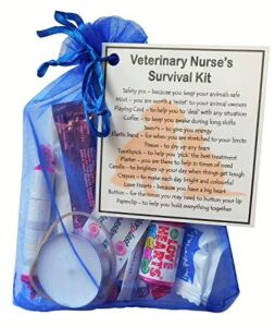 Veterinary Nurse's Survival Kit in organza bag with laminated label explaining each symbolic item