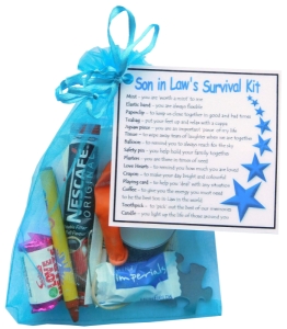 Son in law survival kit in blue organza bag with laminated label showing humorous survival tips