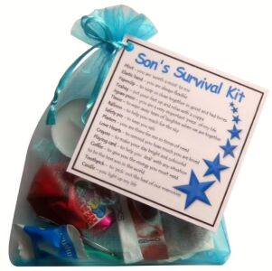 Son's Survival Kit Gift in blue organza bag with laminated label showing meaningful messages for each item