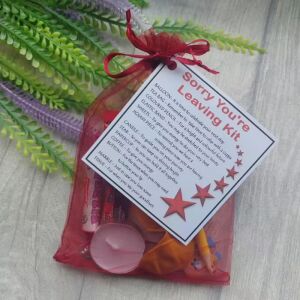Sorry You're Leaving novelty survival kit gift in organza bag with laminated label