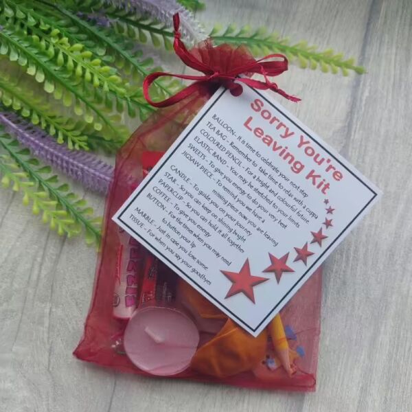 Sorry You're Leaving novelty survival kit gift in organza bag with laminated label