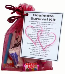 Soulmate Valentine's Survival Kit Gift in organza bag with laminated label explaining each Valentine's Day item