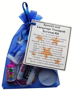 Speech and Language Therapist Survival Kit in organza bag with laminated label - a novelty gift for SLT professionals