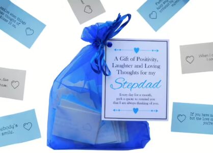 Stepdad dad gift with 31 handwritten inspirational and funny quotes in organza bag with laminated label