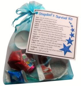 Stepdad's Survival Kit Gift in blue organza bag with laminated label showing heartfelt messages for each item