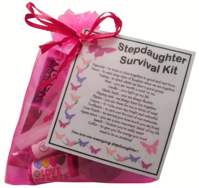 Stepdaughter Survival Kit Gift in pink organza bag with laminated label explaining each symbolic item