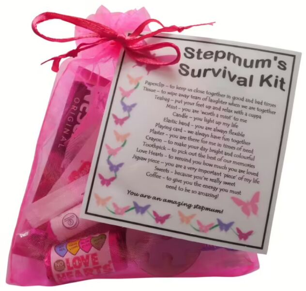 Stepmum Survival Kit in pink organza bag with laminated label explaining the meaning of each novelty item