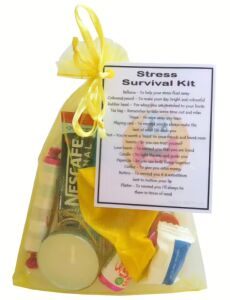 Stress Survival Kit Gift in yellow organza bag with laminated label explaining each item's significance