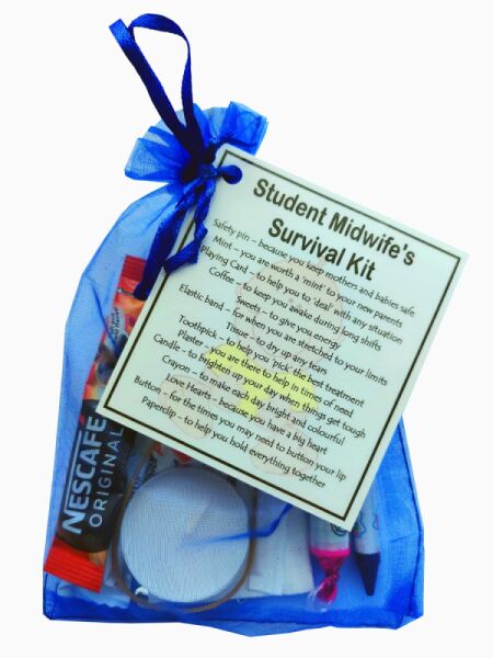 Student midwife survival kit in an organza bag with a laminated label listing the symbolic contents, a fun and thoughtful good luck gift for trainee midwives