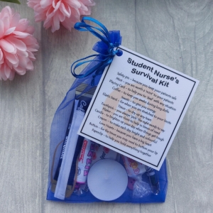 Student Nurse Survival Kit in an organza bag with a laminated label, a fun and thoughtful novelty gift for a student nurse