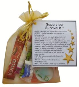 Supervisor Survival Kit Gift in organza bag with laminated label explaining each survival item for new supervisors and workplace gifts