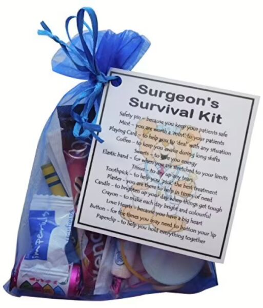 Surgeon's Survival Kit in organza bag with laminated label explaining the significance of each item
