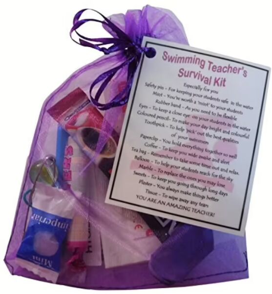 Swimming Teacher Survival Kit Gift in organza bag with laminated label showing each item and its meaning
