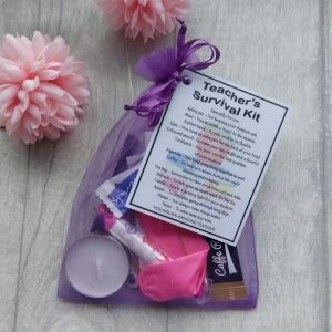 Teacher's Survival Kit in organza bag with laminated label explaining each item's meaning