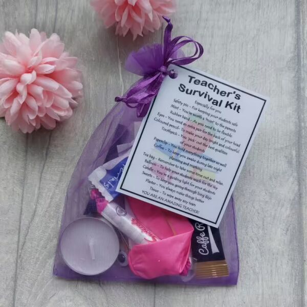 Teacher's Survival Kit in organza bag with laminated label explaining each item's meaning
