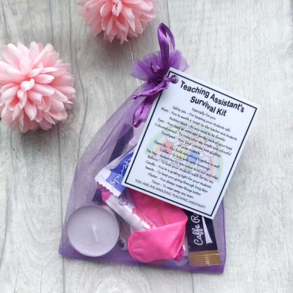 Teaching Assistant Survival Kit in organza bag with laminated label explaining each item