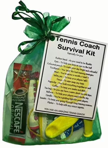 Tennis Coach Survival Kit Gift in organza bag with laminated label - thoughtful thank you gift for coaches