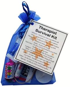 Therapist Survival Kit in organza bag with laminated label showing symbolic items for therapist appreciation