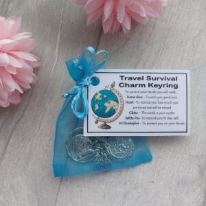 Travel Survival Charm KEYRING with St Christopher charm. Handmade good luck gift for traveller, travel gift, good luck on your travels. - 
