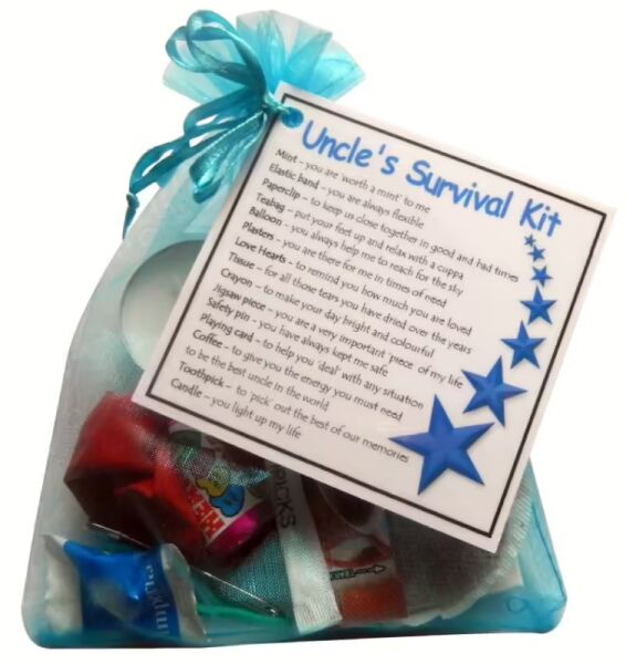 Uncle's Survival Kit Gift in blue organza bag with laminated label showing humorous survival messages