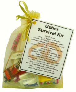 Usher Survival Kit Gift in organza bag with laminated label explaining each novelty item