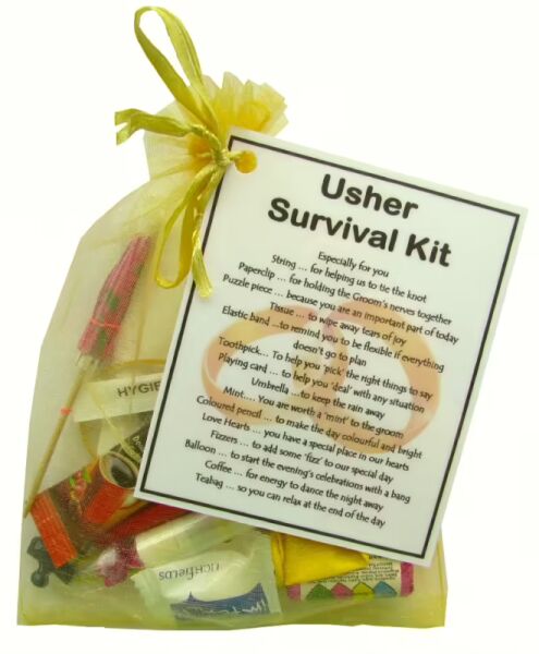 Usher Survival Kit Gift in organza bag with laminated label explaining each novelty item