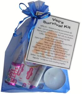 Vet's Survival Kit in organza bag with laminated label explaining each survival item