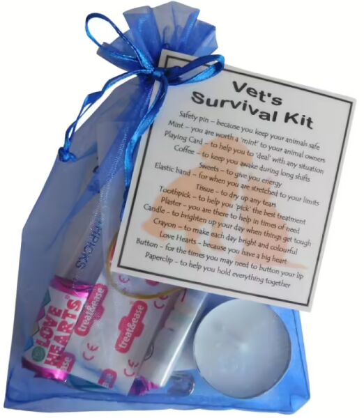 Vet's Survival Kit in organza bag with laminated label explaining each survival item