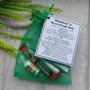 Walker's Survival Kit Gift in green organza bag with laminated label explaining each item
