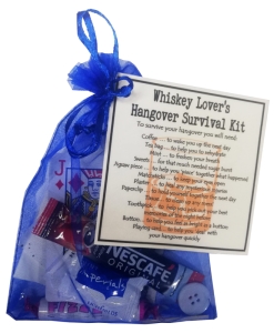 Whiskey lover's hangover survival kit in organza bag with laminated label explaining each humorous item