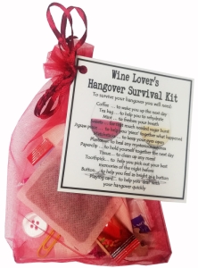 Wine Lover's Hangover Survival Kit in organza bag with laminated label